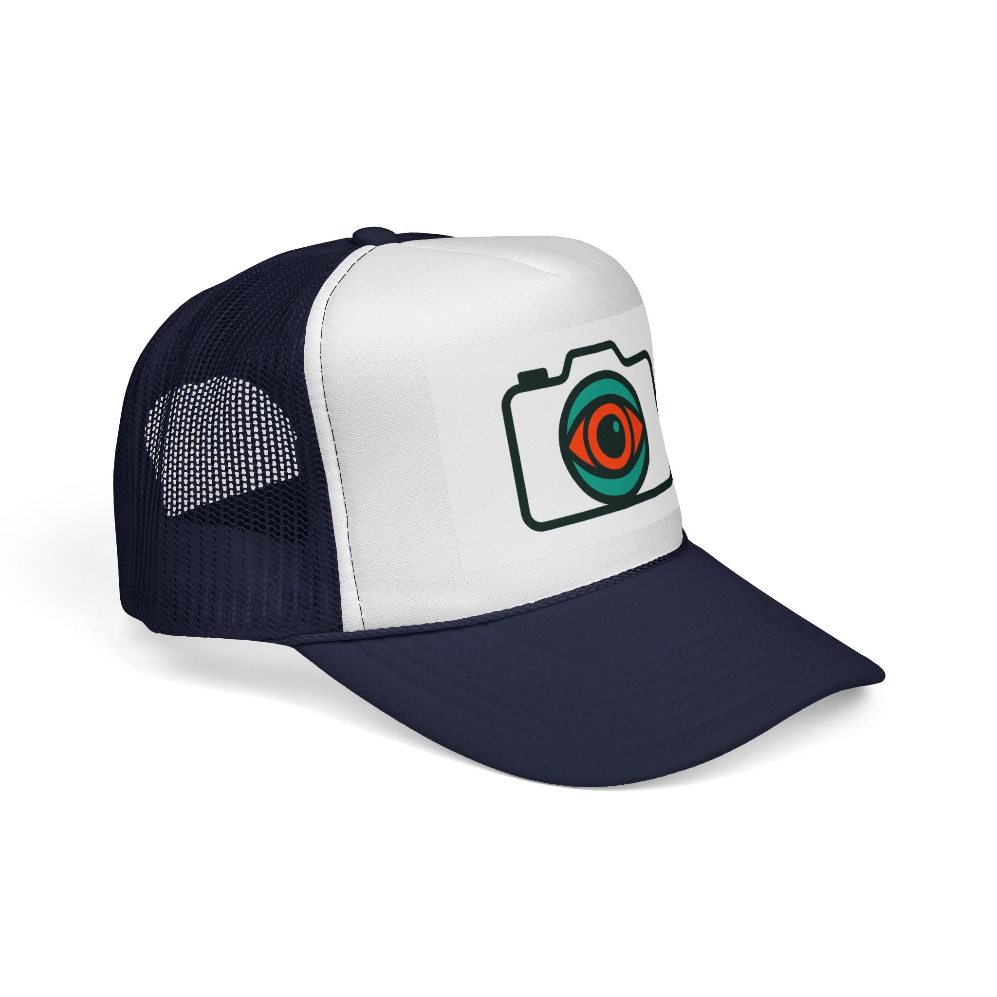 Camera Eye Trucker Cap — Retro Photography Logo Mesh Hat